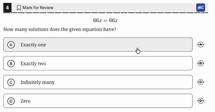 SAT Practice Test 9, Module 2, Question 4 (Linear equations in one variable) as it appears in the walkthrough video