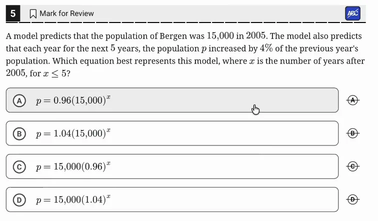 SAT Practice Test 9, Module 2, Question 5 (Nonlinear functions) as it appears in the walkthrough video