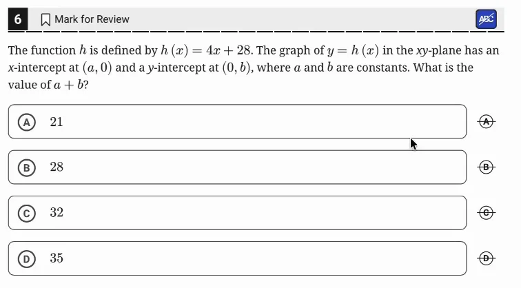 SAT Practice Test 9, Module 2, Question 6 (Linear functions) as it appears in the walkthrough video