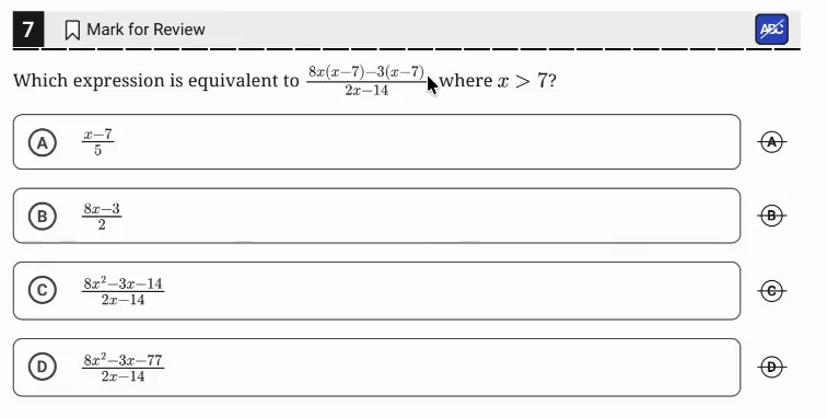 SAT Practice Test 9, Module 2, Question 7 (Equivalent expressions) as it appears in the walkthrough video