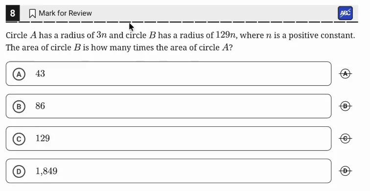 SAT Practice Test 9, Module 2, Question 8 (Area and volume) as it appears in the walkthrough video